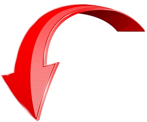 Red down 3d arrow. Shiny curved icon isolated on white background Red down 3d arrow. Shiny curved icon isolated on white background